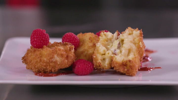 Mac & Cheese Bites with Raspberry Chipotle Sauce